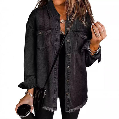 New washed denim shirt jacket for women autumn and winter personality street style edged hem jacket for women