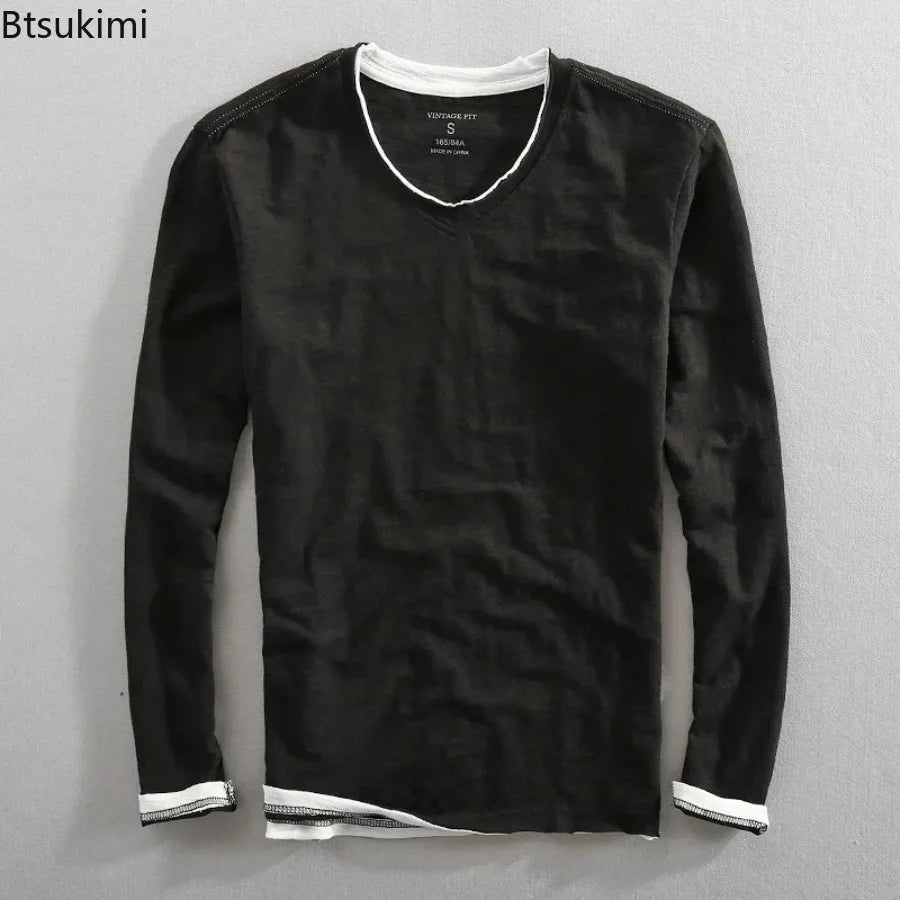 Men's Japanese Vintage V-Neck Long Sleeve T-Shirt 2026