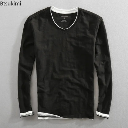 Men's Japanese Vintage V-Neck Long Sleeve T-Shirt 2026