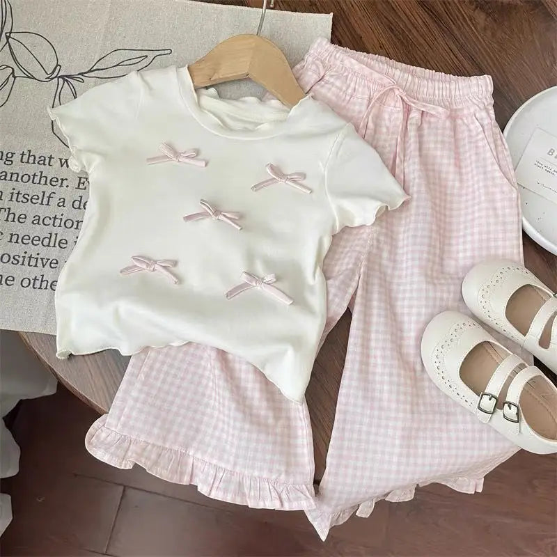 Girls' Bow Top & Plaid Wide Leg Pants Set - Premium