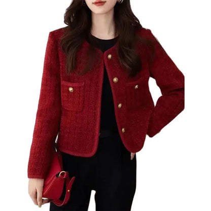 Women's Jacket 2026 Spring Autumn Red Tweed Small Fragrance
