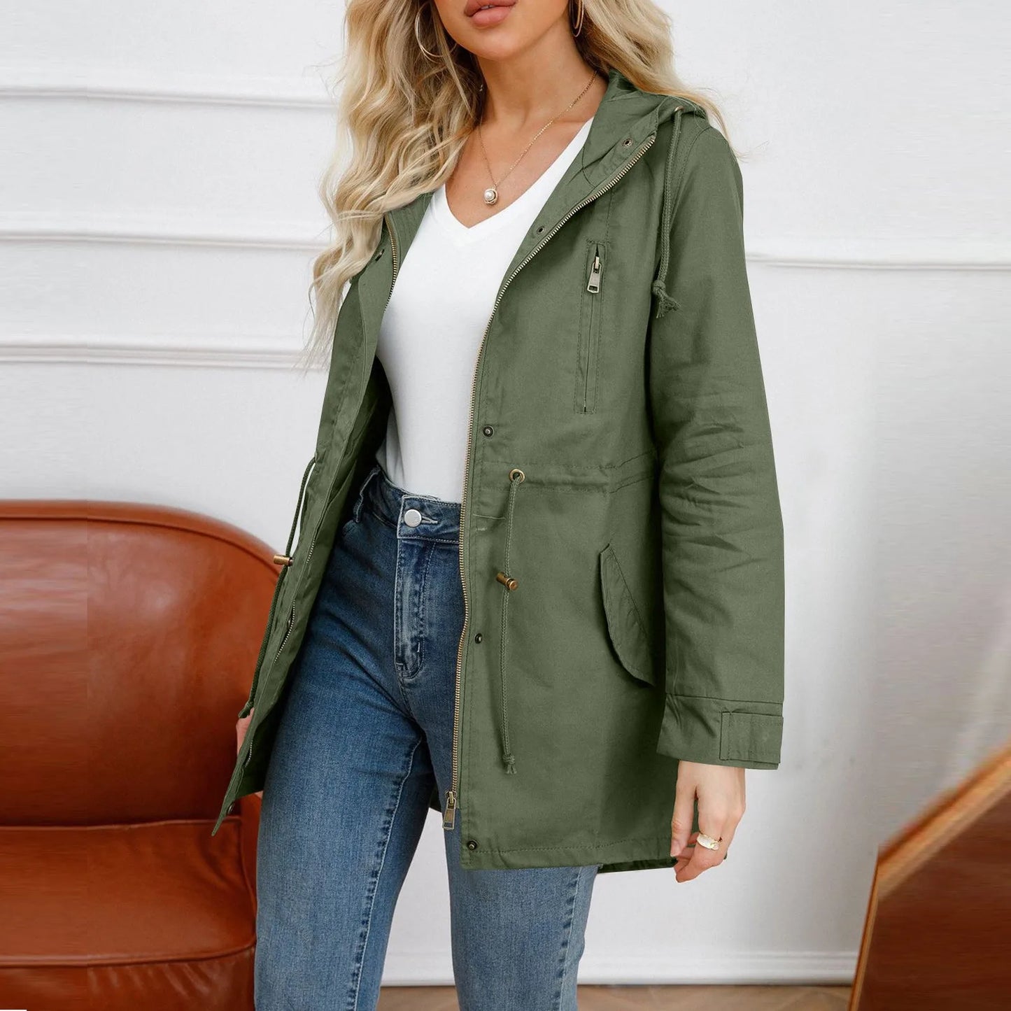 Women Hooded Trench Coat Spring Autumn Outdoor