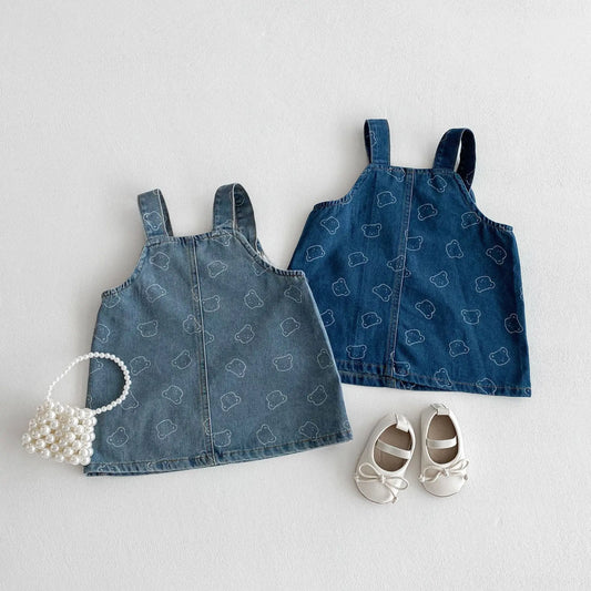 New Spring Summer 2025 Dress Toddler Girls' Suspenders Dress Cute Bear Printing Denim Dress For Baby Girls 1 To 8 Years Old