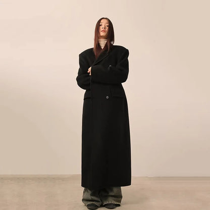 Women's Y2K Faux Wool Coat - Double Breasted Winter Jacket