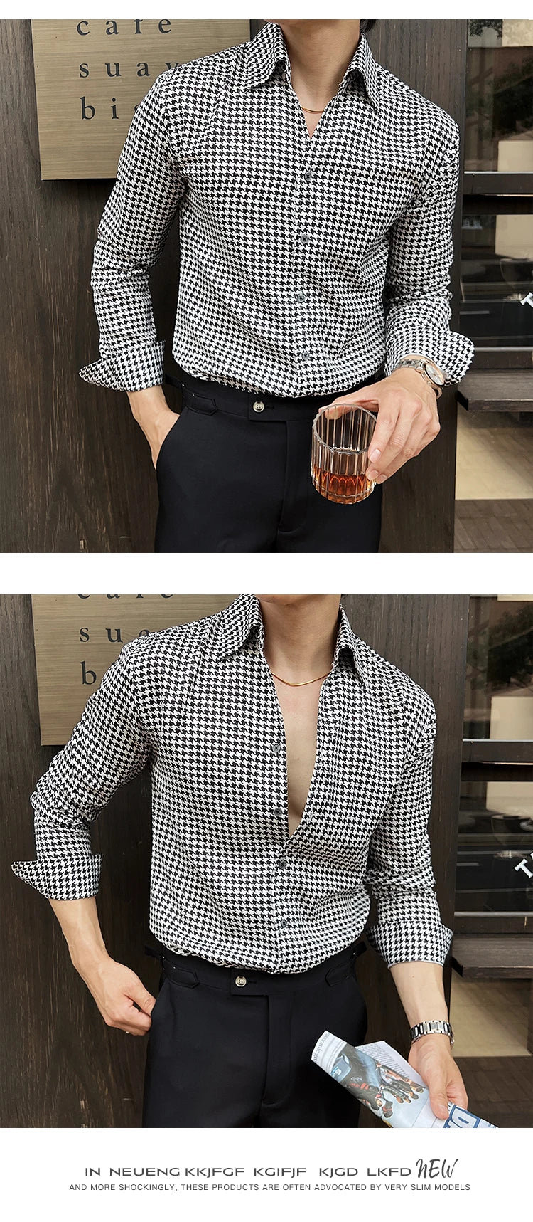 Men's Korean Houndstooth Slim Fit Dress Shirt