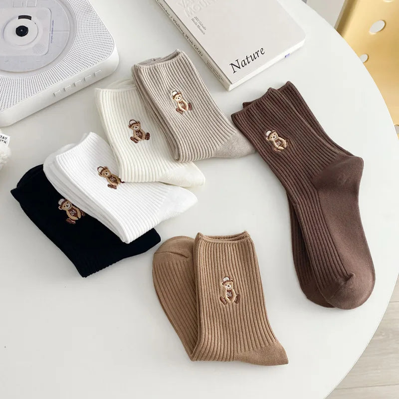 New Design Embroider Cute Bears Dressed Player In Sportswear Short Cotton Socks 6 Colors Available Casual Style Daily Attire