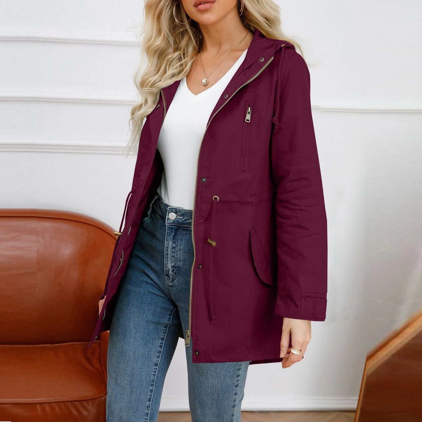 Women Hooded Trench Coat Spring Autumn Outdoor