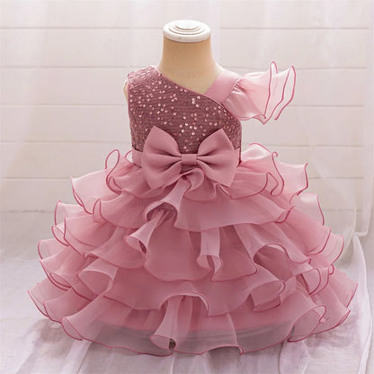 Flower Girls Wedding Bridesmaid Party Dress Kids Sequin Princess Gown For Baby Toddler 1st Birthday Bow Clothes Evening Costumes