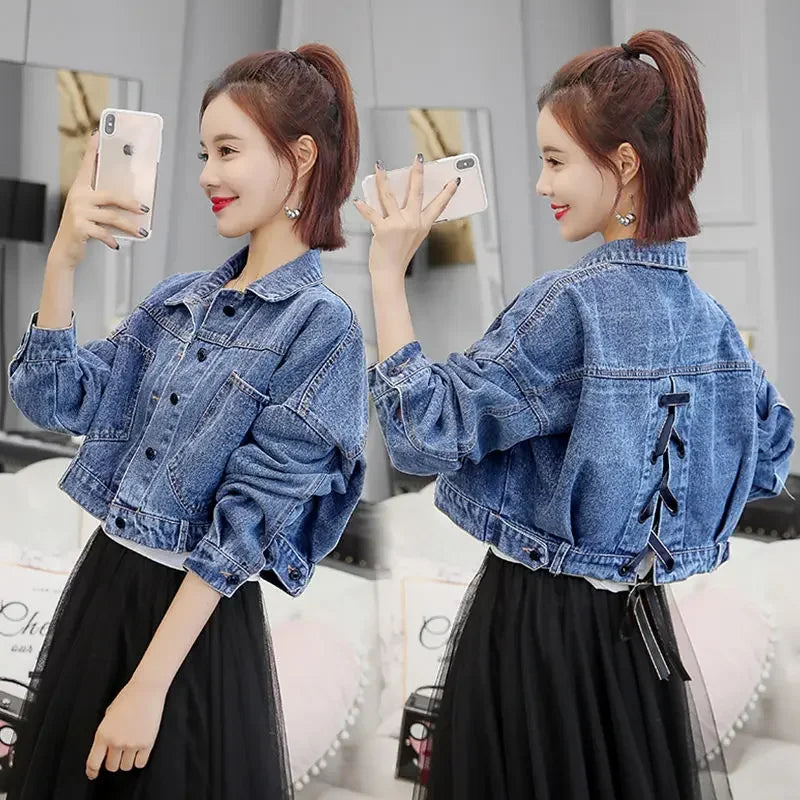 Spring Autumn Denim Jacket for Women Crop Plain Small Short Y2k Clothes Chic and Elegant Cowboy Coat Woman in Promotion New