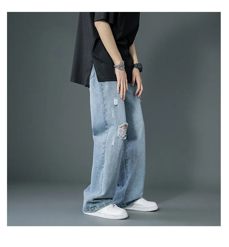 Ripped Jeans Men Ins Trendy - Straight Leg Loose Wide Leg