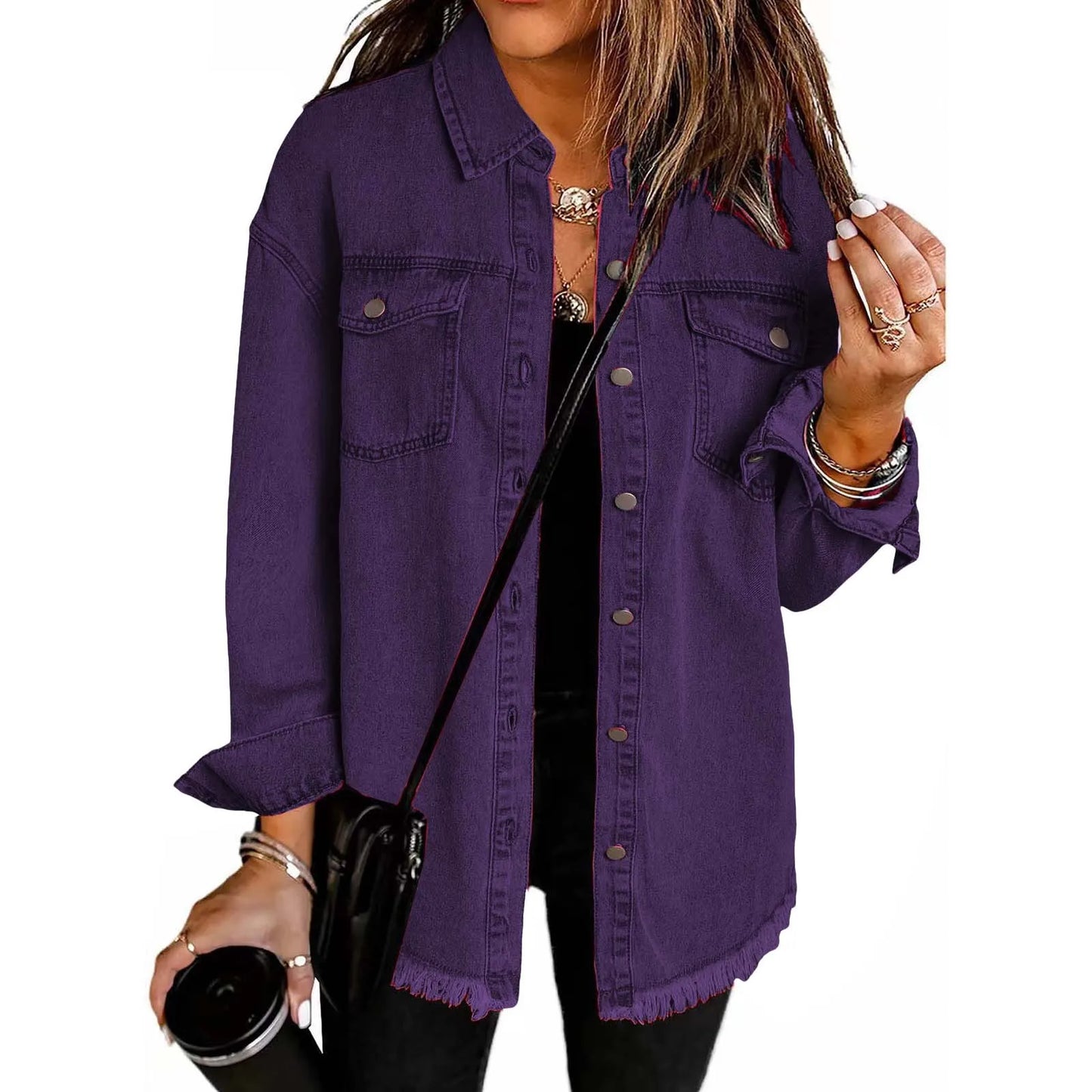 New washed denim shirt jacket for women autumn and winter personality street style edged hem jacket for women