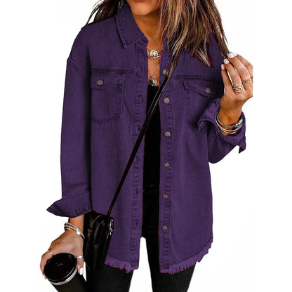 New washed denim shirt jacket for women autumn and winter personality street style edged hem jacket for women