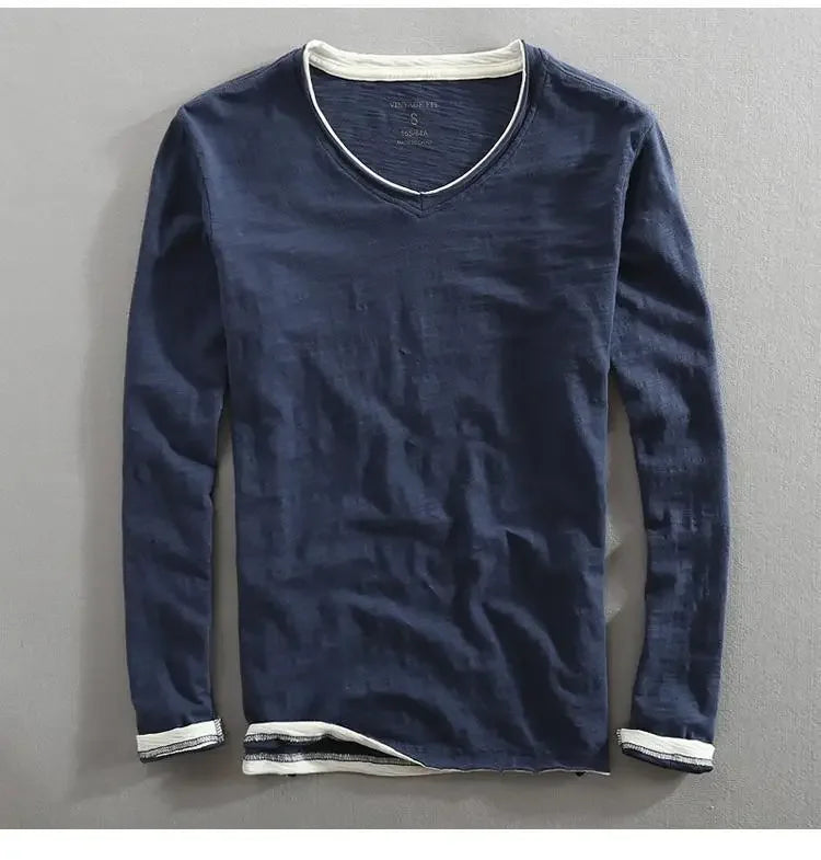 Men's Japanese Vintage V-Neck Long Sleeve T-Shirt 2026