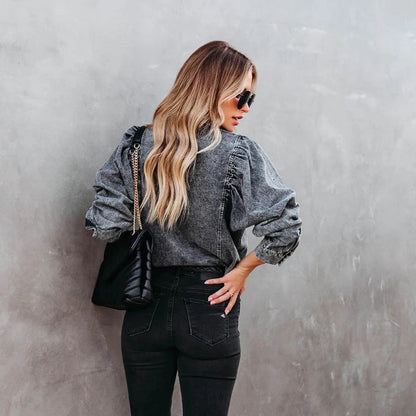Women's Boho Denim Blouse Puff Sleeve Vintage Shirt