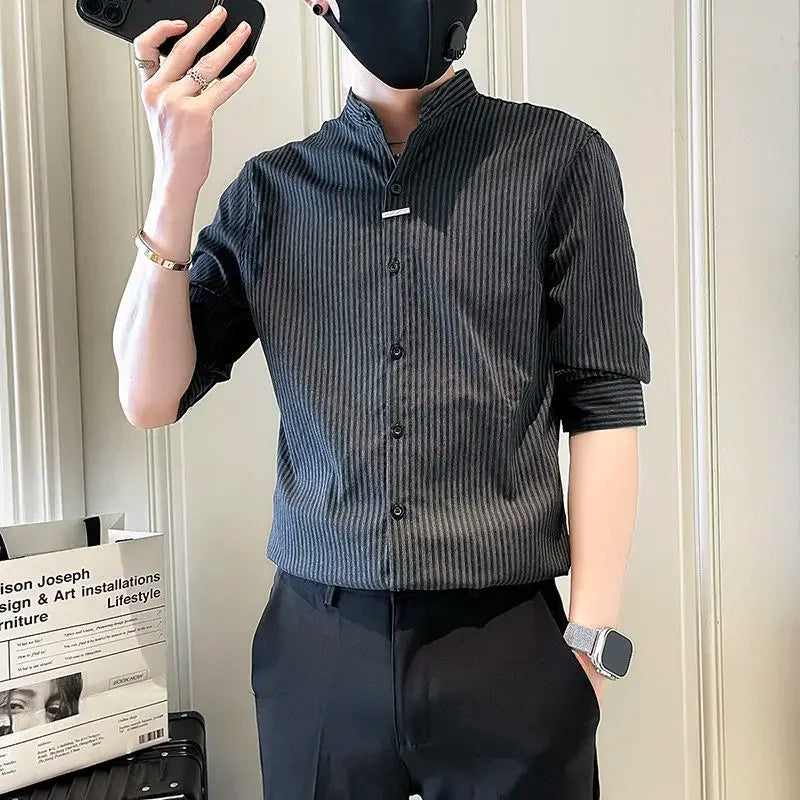 Men's Striped Stand Collar Cardigan Shirt 2025
