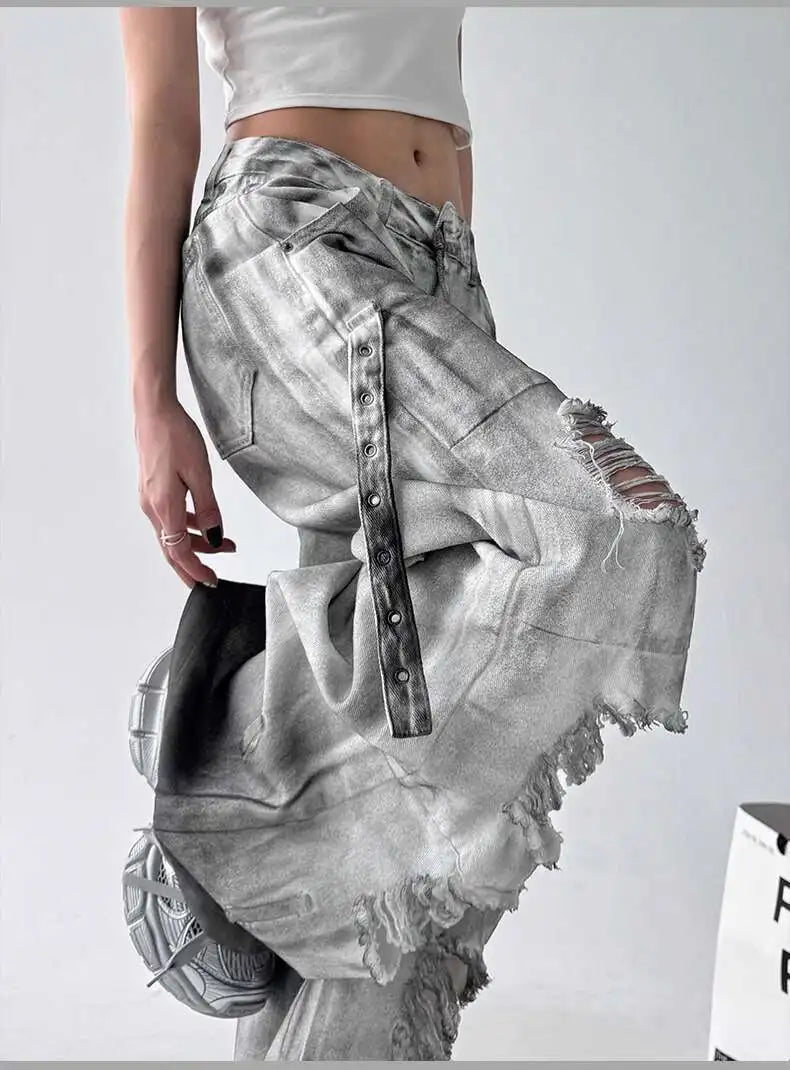 Women Jeans American High Street Ripped Straight Wide-Leg