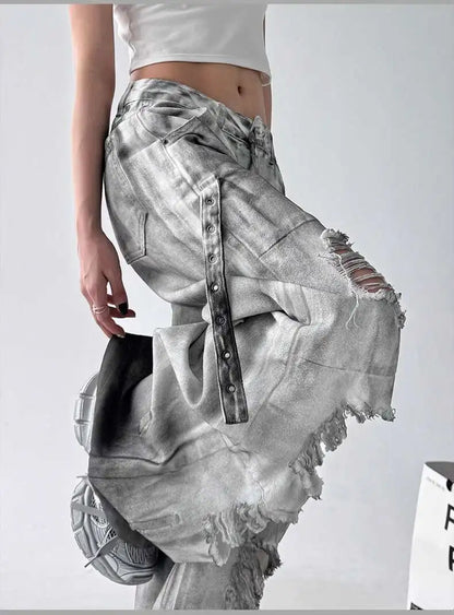 Women Jeans American High Street Ripped Straight Wide-Leg
