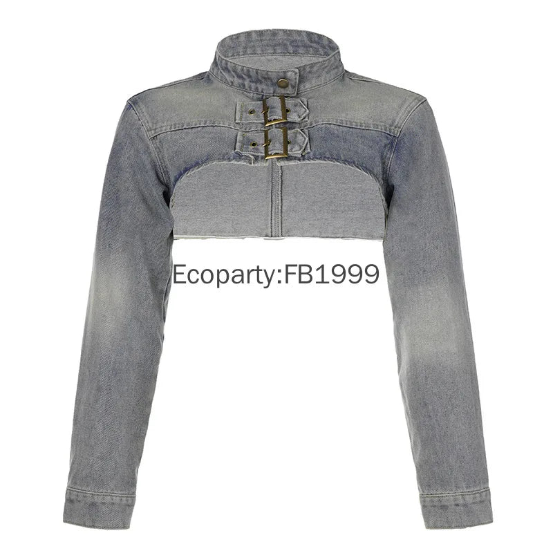 Women Fashion Denim Jacket Y2K Aesthetic Vintage Sexy Crop Tops Coat Japanese Harajuku Streetwear Female Spring Summer Outerwear