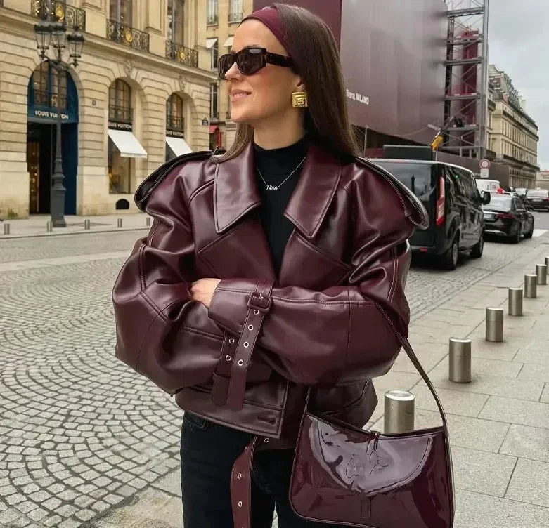 Casual Street Leather Jacket Women Solid Lapel Long Sleeved Belt Crop Female Coats 2025 Autumn Y2k Fashion Loose Pu Outwear Lady