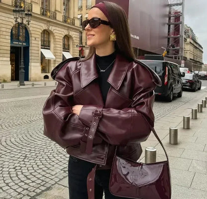 Casual Street Leather Jacket Women Solid Lapel Long Sleeved Belt Crop Female Coats 2025 Autumn Y2k Fashion Loose Pu Outwear Lady