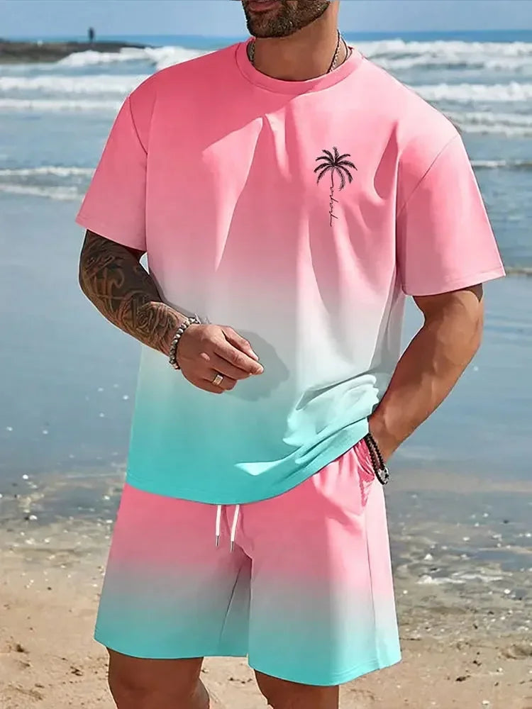 Men's 3D Gradient T-shirt and Shorts Set - Casual Sportswear
