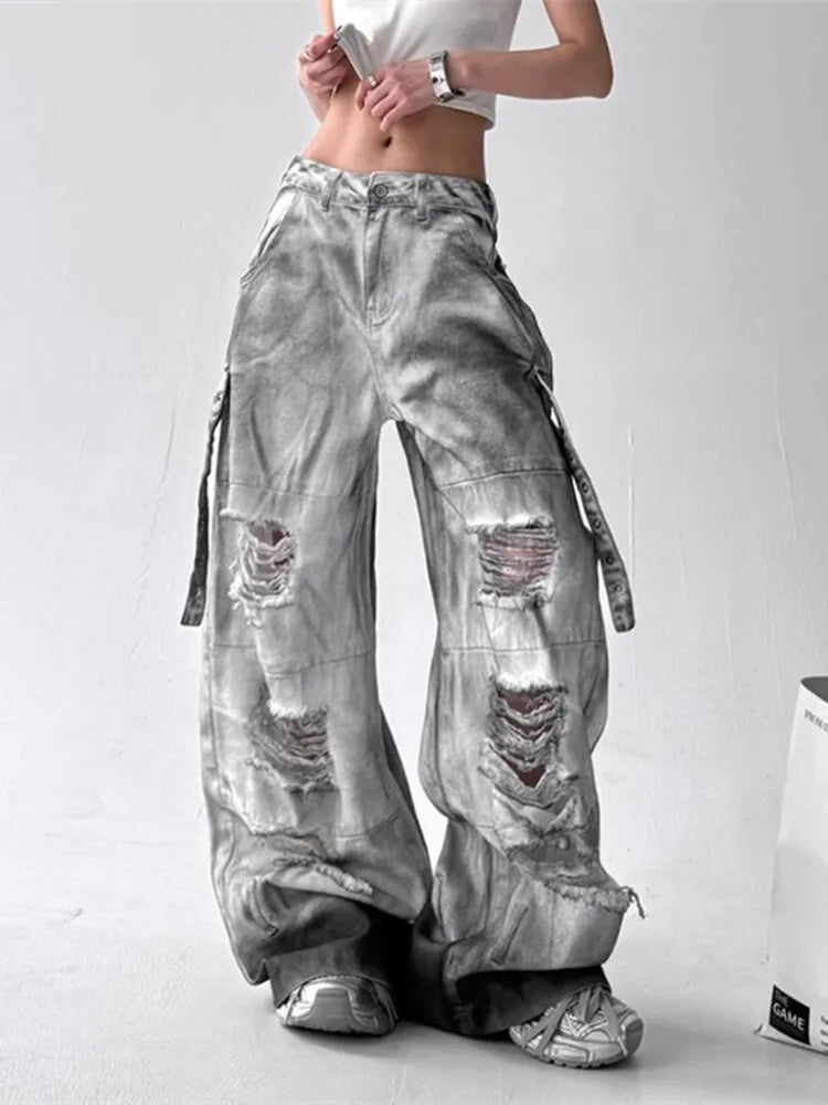 Women Jeans American High Street Ripped Straight Wide-Leg