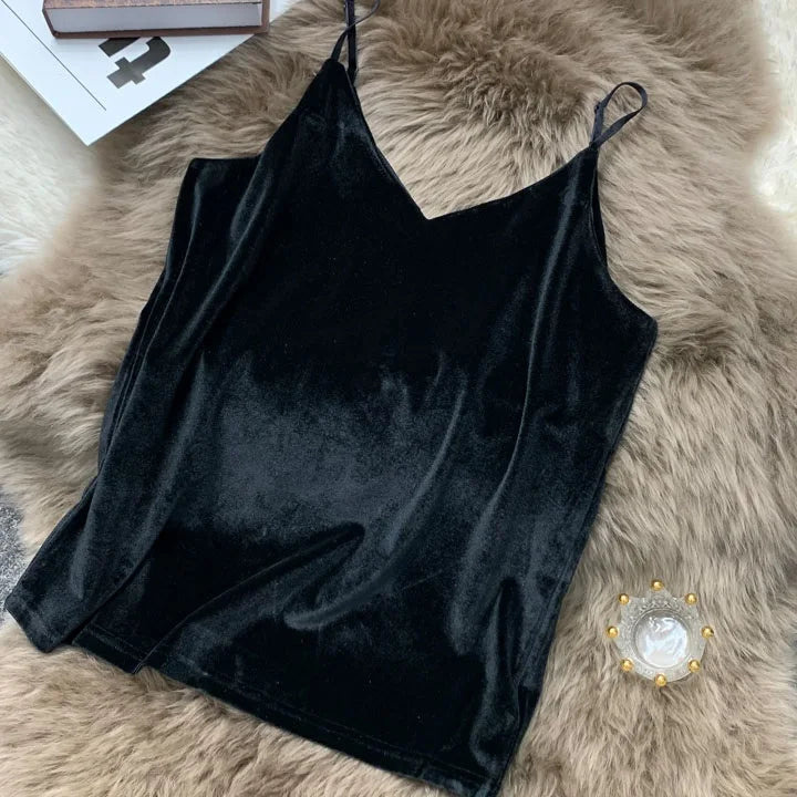 Women Velour Tank Crop Top - Korean Streetwear Camisole