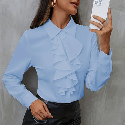 Elegant Women Blouse Ruffled Long Sleeve Office Shirt