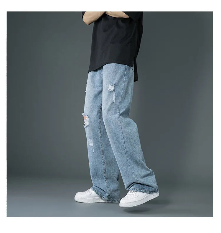 Ripped Jeans Men Ins Trendy - Straight Leg Loose Wide Leg