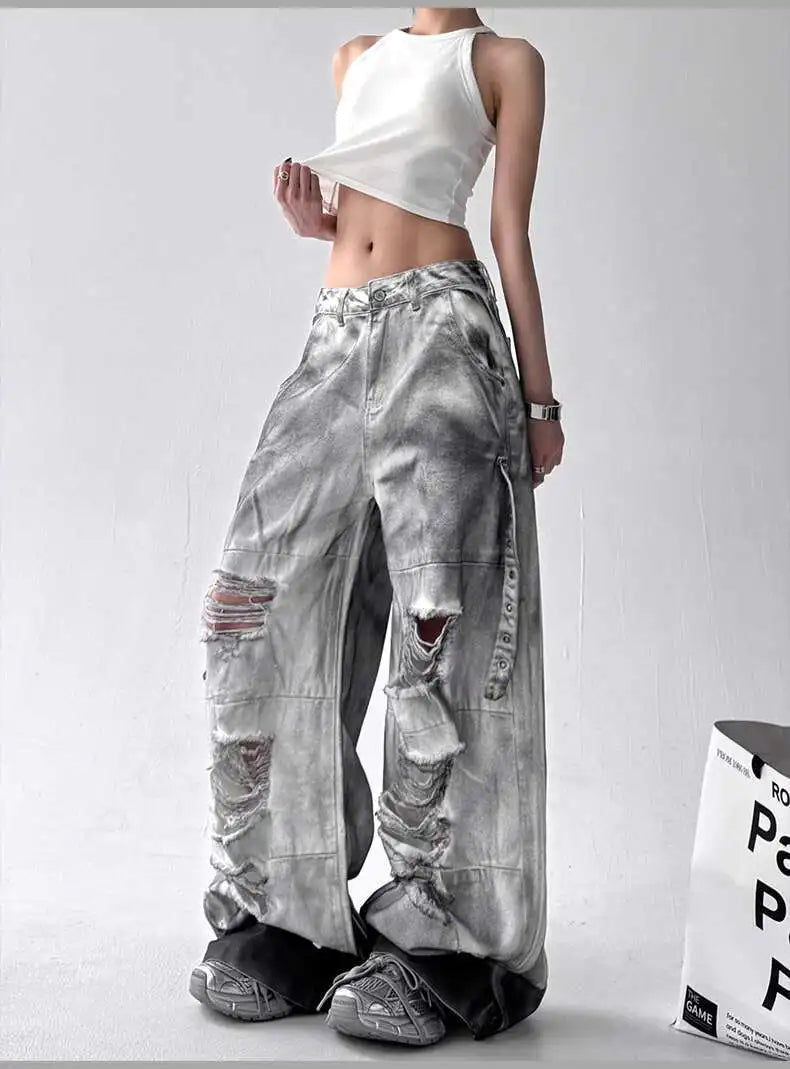 Women Jeans American High Street Ripped Straight Wide-Leg