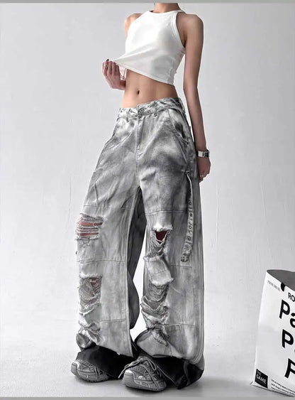 Women Jeans American High Street Ripped Straight Wide-Leg