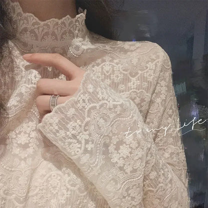 Qadın Krujeva Köynək Payız Uzun Qollu Turtlenock Mesh
