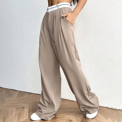 Women's Blazer Pants Pleated Wide-Leg Casual Trousers Contrast Waistband Daily Wear Stylish Versatile Loose Fit  Long Pants
