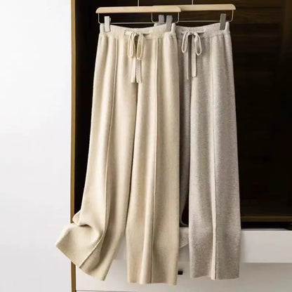 Women Pants Full Length Elastic Waist Knitted Wide Leg