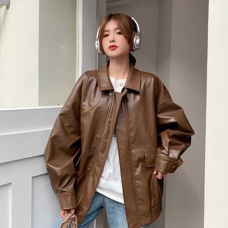 College Style PU Leather Jacket for Women 2025 Spring and Autumn New Loose Windproof Leather Jacket