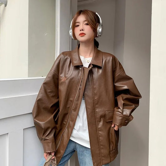 College Style PU Leather Jacket for Women 2025 Spring and Autumn New Loose Windproof Leather Jacket