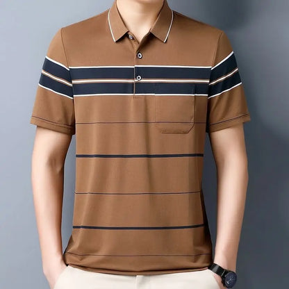 Short-sleeved T-shirt  Men Casual Versatile Loose Striped Real Pocket Lapel Polo Shirt Daddy Suit