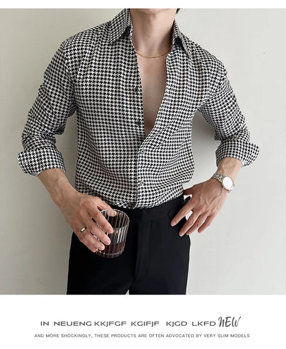 Men's Korean Houndstooth Slim Fit Dress Shirt