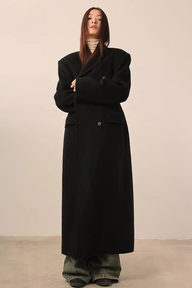 Women's Y2K Faux Wool Coat - Double Breasted Winter Jacket