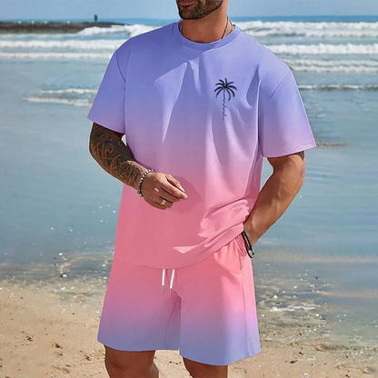 Men's 3D Gradient T-shirt and Shorts Set - Casual Sportswear