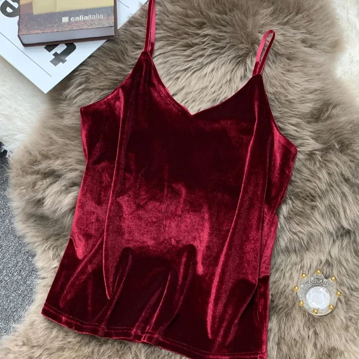 Women Velour Tank Crop Top - Korean Streetwear Camisole