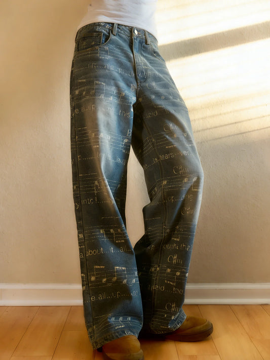 Straight-Leg Washed Printed Denim Jeans - Loose Y2K