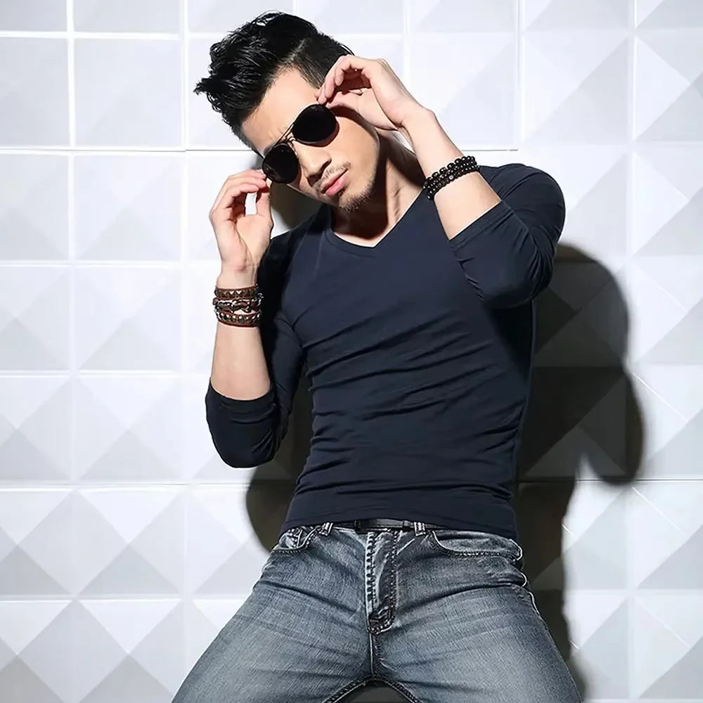Men's Slim Fit V-Neck Polyester T-Shirt 2026