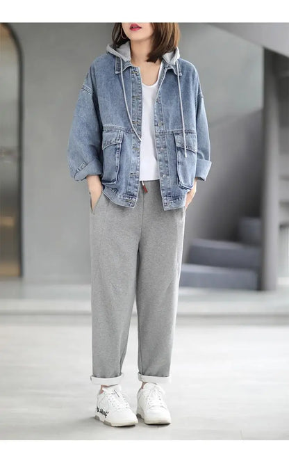 Korean Denim Jacket Women Hooded Vintage