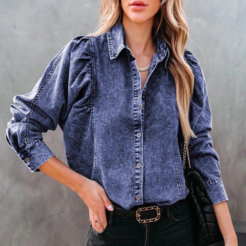Women's Boho Denim Blouse Puff Sleeve Vintage Shirt
