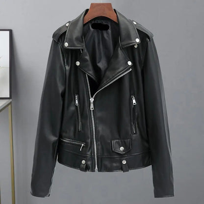 Women Jacket Faux Leather Turn-down Collar Zip-up Zipper jackets Long Sleeves Motorcycle Jacket Coat Travel Motor Outerwear