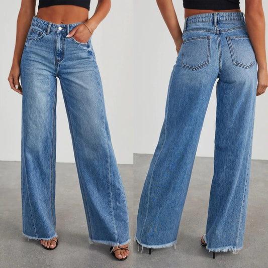 Wide-Leg Jeans Women Light Blue Raw-Edge High-Waist Design Fashionable Trousers Loose-Fitting High-Rise Pants Suitable Street