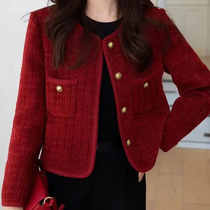 Women's Jacket 2026 Spring Autumn Red Tweed Small Fragrance