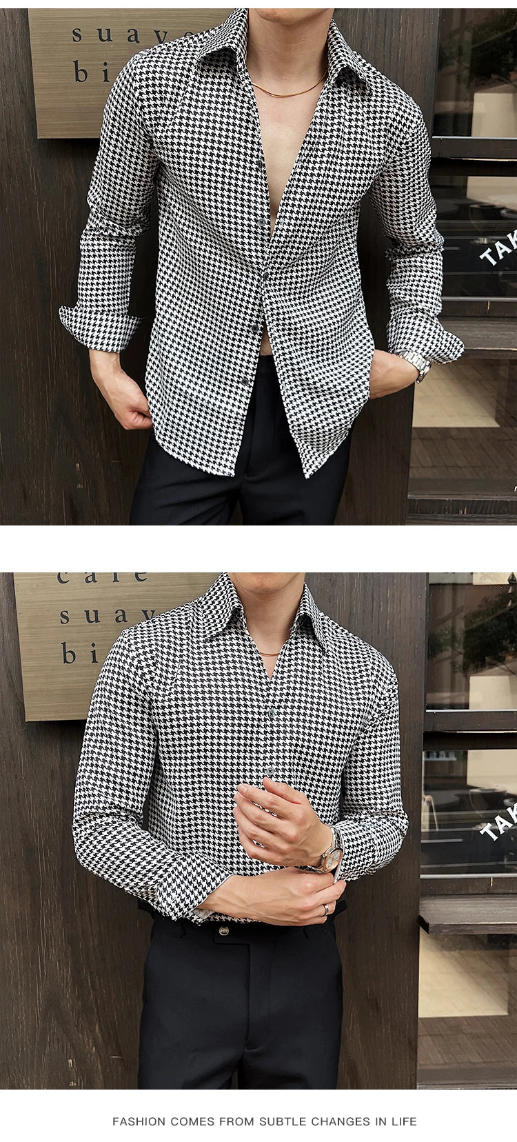 Men's Korean Houndstooth Slim Fit Dress Shirt