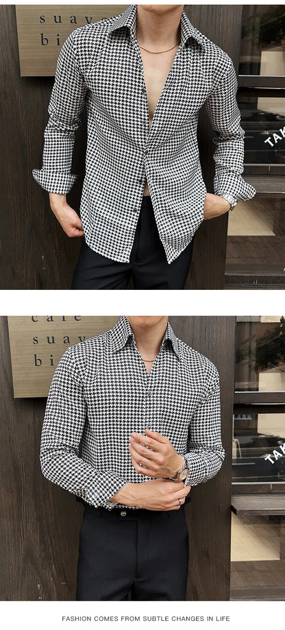Men's Korean Houndstooth Slim Fit Dress Shirt